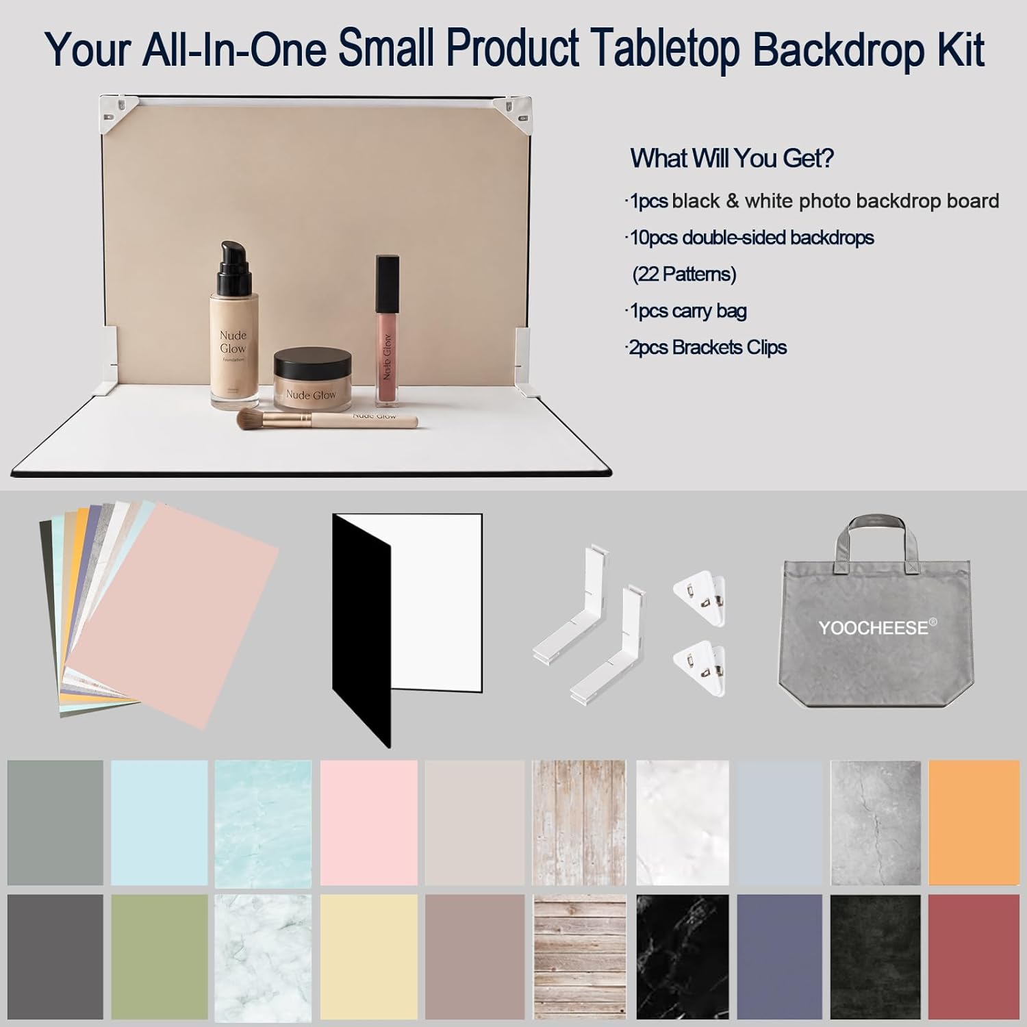 Yoocheese Photo Backdrop for Product Photography - Tabletop Photo Backdrop Kit - 10 Double-Sided Backgrounds, 20 Patterns - 1-Min Setup for Food Photography & Small Products, 16.5 x 11.7 in